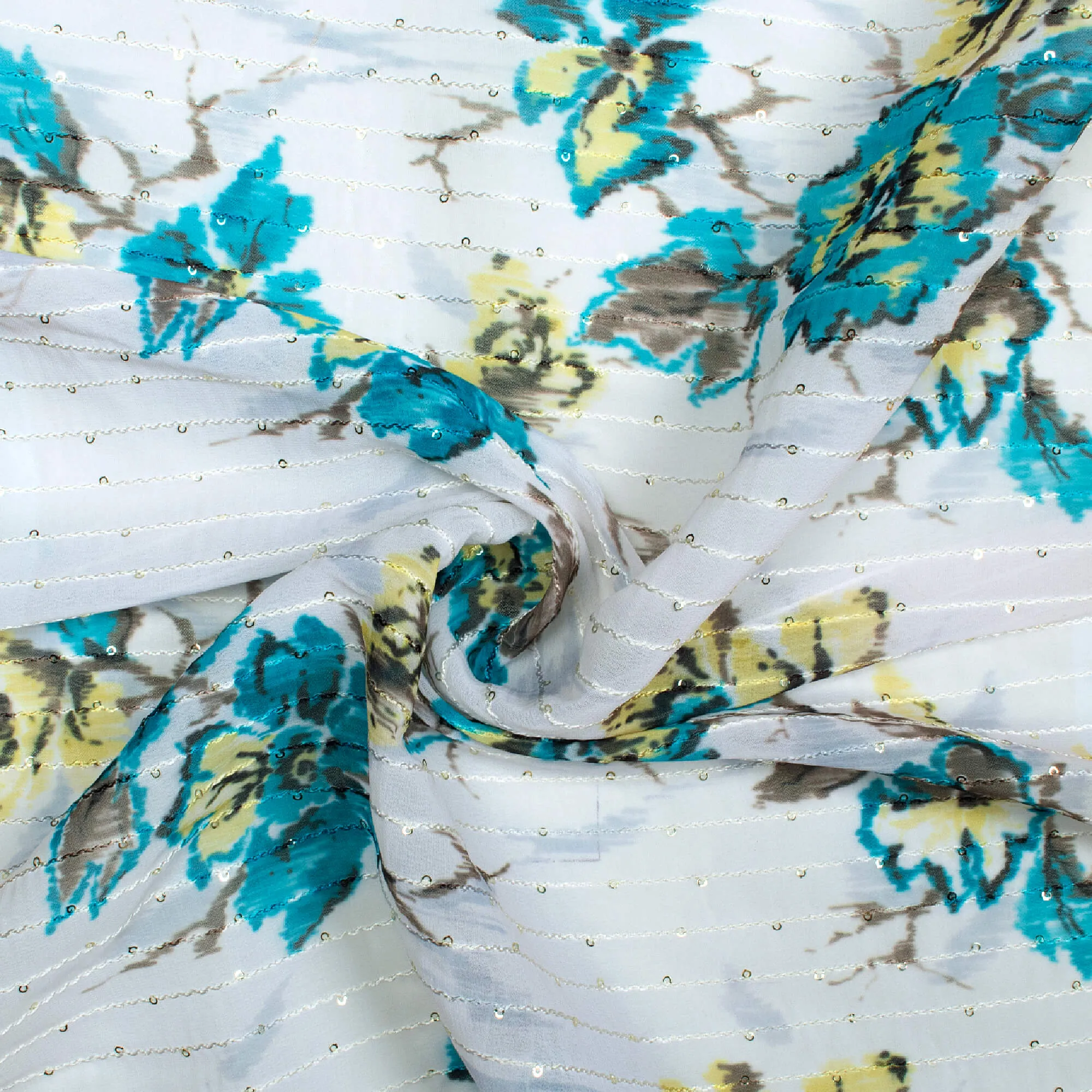 Aegean Blue And Off White Pattern Digital Print Premium Sequins Georgette Fabric