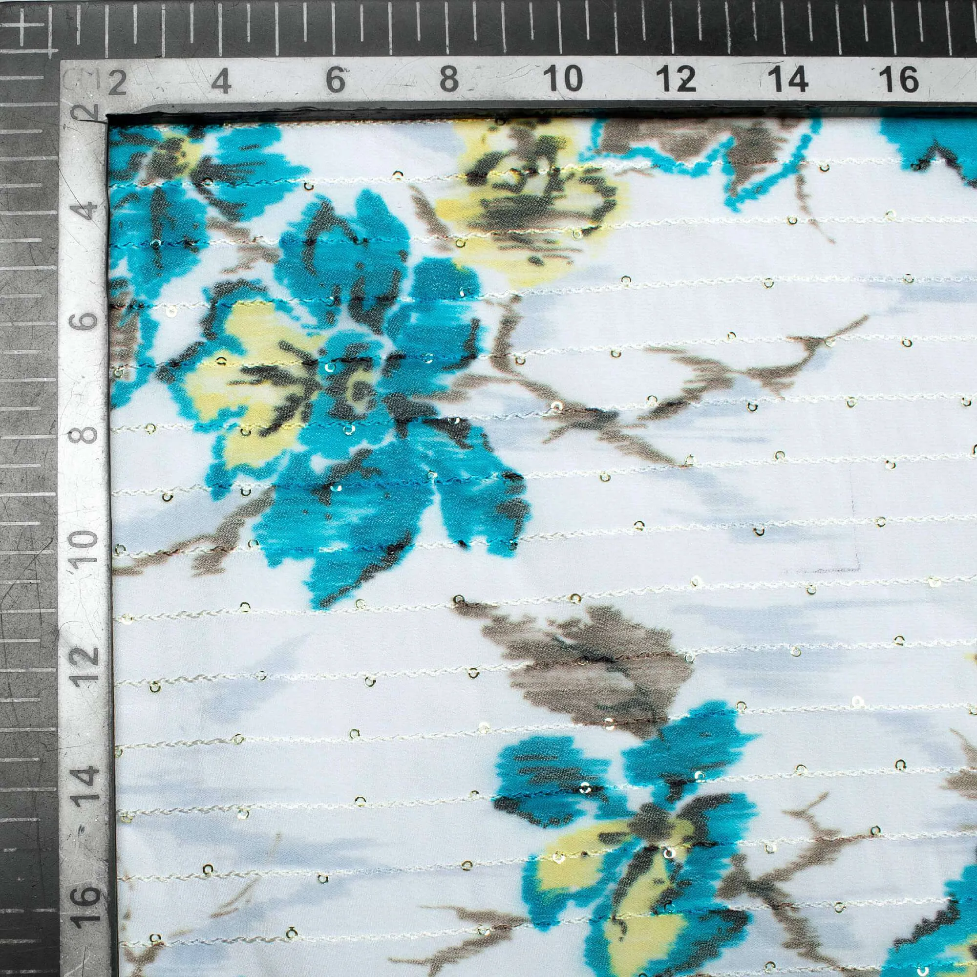 Aegean Blue And Off White Pattern Digital Print Premium Sequins Georgette Fabric