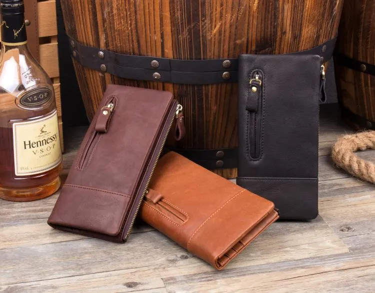 Black Cool Mens Leather long Wallet Brown Leather Zipper Wallet Long Wallets Clutch for Men