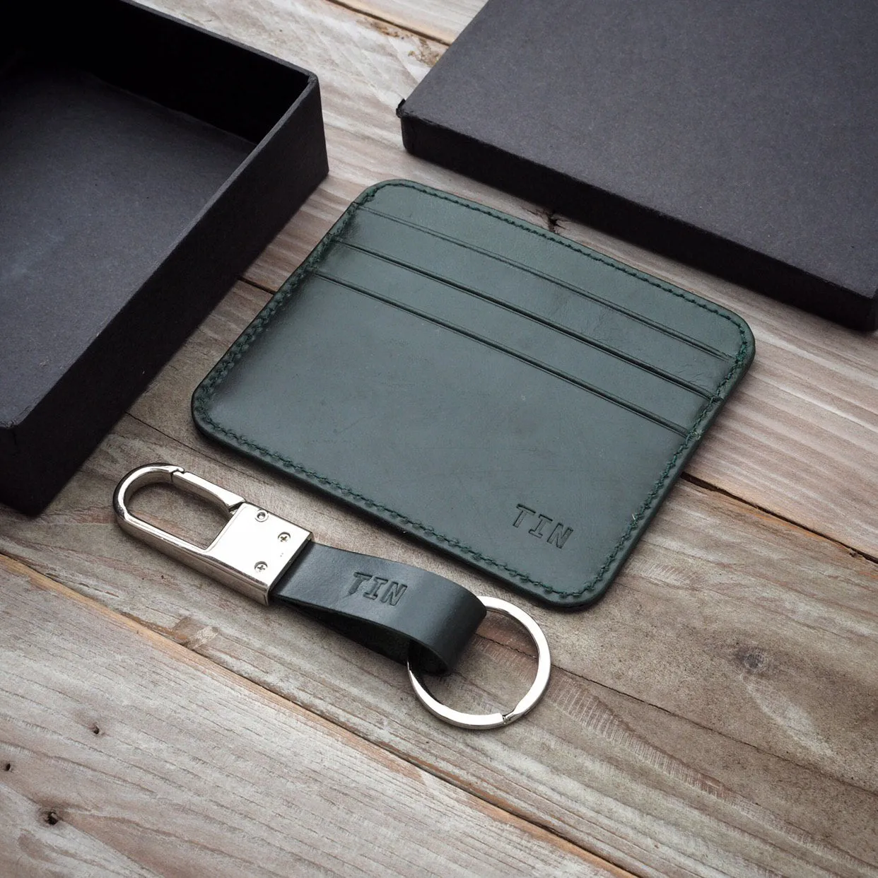 Slim Leather Card Case   Keyfob (6 cards - Emerald Green)